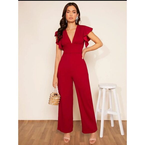 ruffle sleeve v neck jumpsuit red - Picture 1 of 3